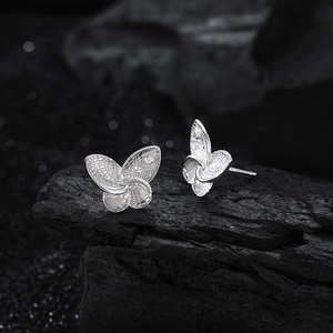 S925 sterling silver butterfly stud earrings with intricate mesh texture and zircon