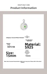 Detail view of crescent moon pendant with green gemstone and S925 silver brushed texture