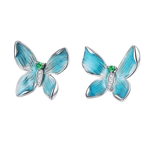 Boucles d'oreilles papillon en argent S925 avec émail bleu dégradé et gemmes vertes
