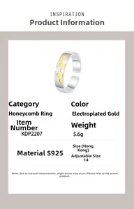 Detail view of S925 sterling silver honeycomb ring with gold plating and sandblasted texture