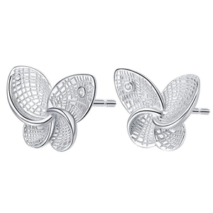 S925 sterling silver butterfly stud earrings with hollow mesh texture for women