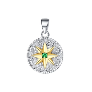S925 sterling silver compass star pendant with green gemstone and floral engravings