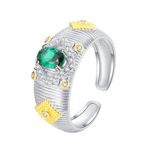 S925 sterling silver open ring with green gemstone and textured gold-tone finish