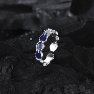 Adjustable S925 sterling silver ring with blue enamel wave pattern and sparkling zircons