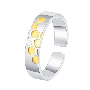 Minimalist s925 silver honeycomb ring with yellow hexagonal design and adjustable open band