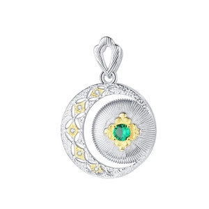 S925 sterling silver crescent moon pendant with brushed texture and green gemstone