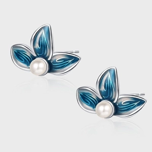 Vintage Flower Stud Earrings With 925 Sterling Silver Earring Post Blue Enamel And Artificial Pearl Elegant Jewelry For Women