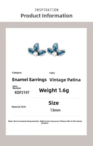 Macro detail of S925 silver clover earrings with blue glaze, pearls and 13mm dimensions