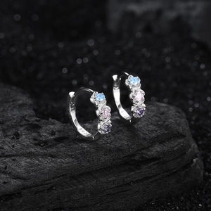 S925 sterling silver huggie earrings with colorful zircon flowers in blue pink and purple