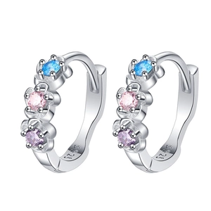 S925 sterling silver flower hoop earrings with blue, pink and purple gemstones