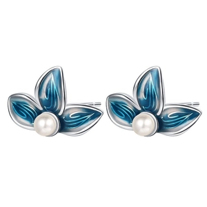 Vintage S925 silver flower stud earrings with blue enamel petals and center pearl