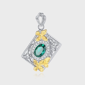 Vintage 925 Sterling Silver Butterfly Pendant Necklace For Women Green Rhinestone Emerald Style Two-Tone Jewelry Gift
