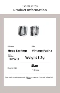 Macro detail of S925 silver pavé hoop earrings showing retro texture and 11mm dimensions