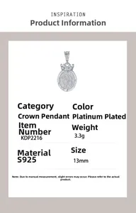 Detailed view of S925 sterling silver crown portrait pendant showing 13mm size and 3.3g weight