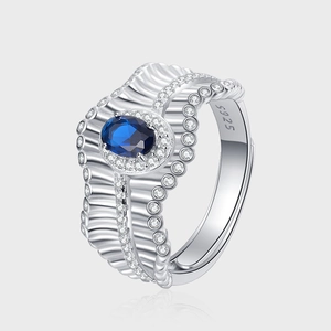 S925 Sterling Silver Vintage French Lace Textured Ring For Women Deep Blue Stone Rhinestone Pave Adjustable Fine Jewelry