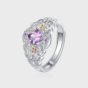 925 Sterling Silver Italian Vintage Palace Style Hollow Lace Ring For Women Retro Purple Rhinestone Open Adjustable Ring