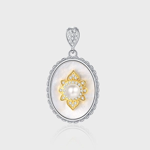 Vintage 925 Sterling Silver Mother Of Artificial Pearl Oval Pendant Only Without Chain For Women Lotus Floral Zirconia Jewelry