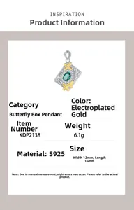 Detail view of butterfly locket pendant with emerald zircon and s925 silver floral pattern