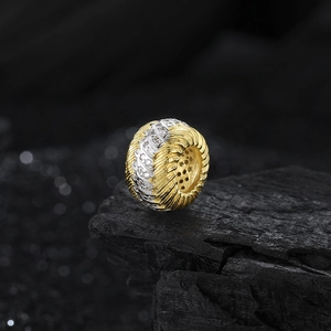 S925 sterling silver cylinder charm with gold twisted texture and inlaid crystals