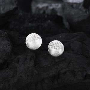 S925 silver ball earrings with sparkling pave zircon and brushed metallic texture
