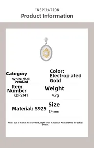 Detail of S925 silver oval pendant with white shell, gold flower, and central pearl inlay