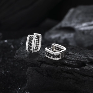 S925 sterling silver huggie earrings with black and white zircon stone rows