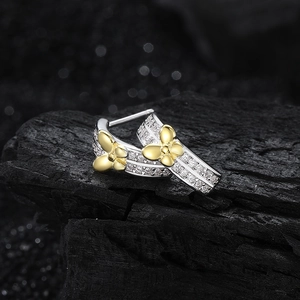 S925 sterling silver butterfly stud earrings with two-tone gold accents and sparkling zircons