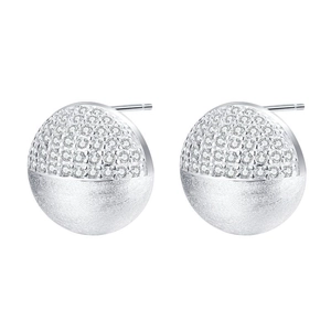 Modern S925 sterling silver hemispherical stud earrings with pave crystals and brushed metal