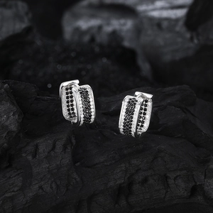 Vintage S925 sterling silver U-shaped hoop earrings with black and white pavé zircons