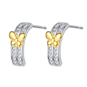 Elegant s925 silver and gold butterfly stud earrings with rows of sparkling zircons