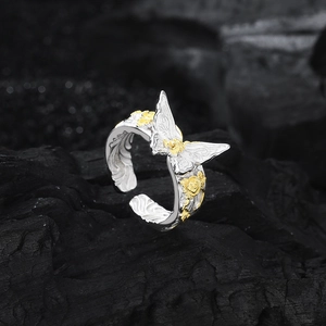 S925 sterling silver butterfly and golden rose open ring with vintage floral engraving