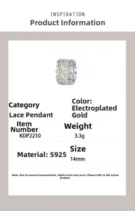 Vue macro détaillée du pendentif en dentelle argent S925 bicolore avec dimensions de 14mm