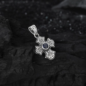 Vintage S925 sterling silver cross pendant with gothic patterns and blue gemstone