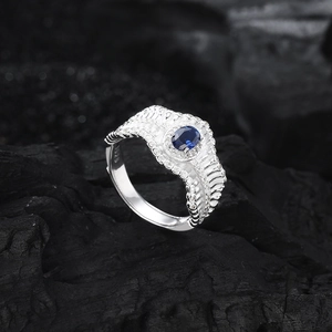 S925 silver lace ring with blue sapphire and pavé diamonds in textured vintage style