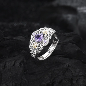S925 silver lace ring with square purple gemstone and vintage hollow floral patterns