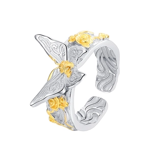 S925 silver ring featuring gold butterfly and rose relief with an adjustable open band