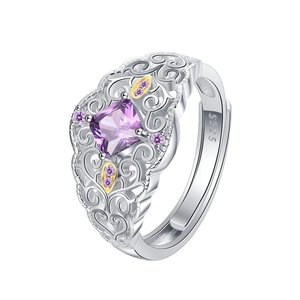 Vintage S925 sterling silver lace ring with square purple amethyst stone in hollow design