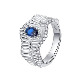 S925 silver adjustable lace ring with oval blue sapphire and pavé diamond detailing