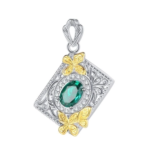 Vintage S925 silver rectangle pendant with green zircon and gold butterfly relief