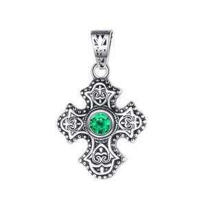 Vintage S925 sterling silver cross pendant featuring a faceted green gemstone centerpiece