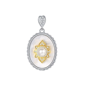 S925 silver oval pendant with mother of pearl, golden flower, and a central white pearl