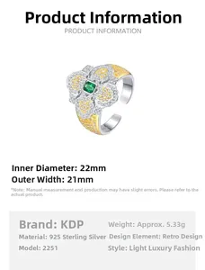 Detail view of S925 silver vintage floral ring with green gemstone and gold accents
