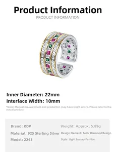 Detailed view of S925 sterling silver wide band ring with colorful cubic zirconia stones