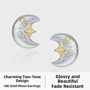 Close-up of 925 silver moon and gold star earrings with textured weave and zircon inlays