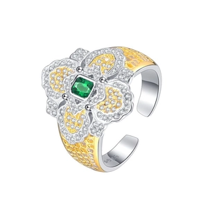 S925 sterling silver snowflake flower ring with green emerald-cut stone and diamonds