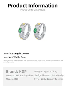 Detail of S925 silver earrings with floral relief, green zircon, and 20mm size info