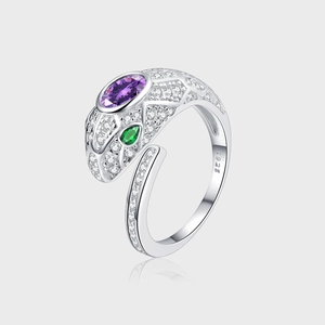 Luxus 925 Sterlingsilber Schlange Ring Lila Zirkonia Grünes Auge Mikro Pave Übertrieben Verstellbarer Offener Fingerring Damen Schmuck
