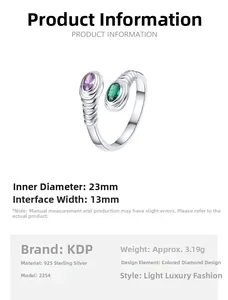 Detail showing S925 sterling silver ring dimensions with purple and green crystals