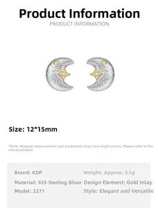 Detailed close-up of S925 sterling silver moon and star earrings with bicolor texture