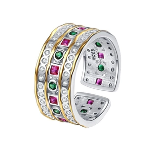 Three-layer S925 sterling silver open ring with colorful gemstones and wave pattern
